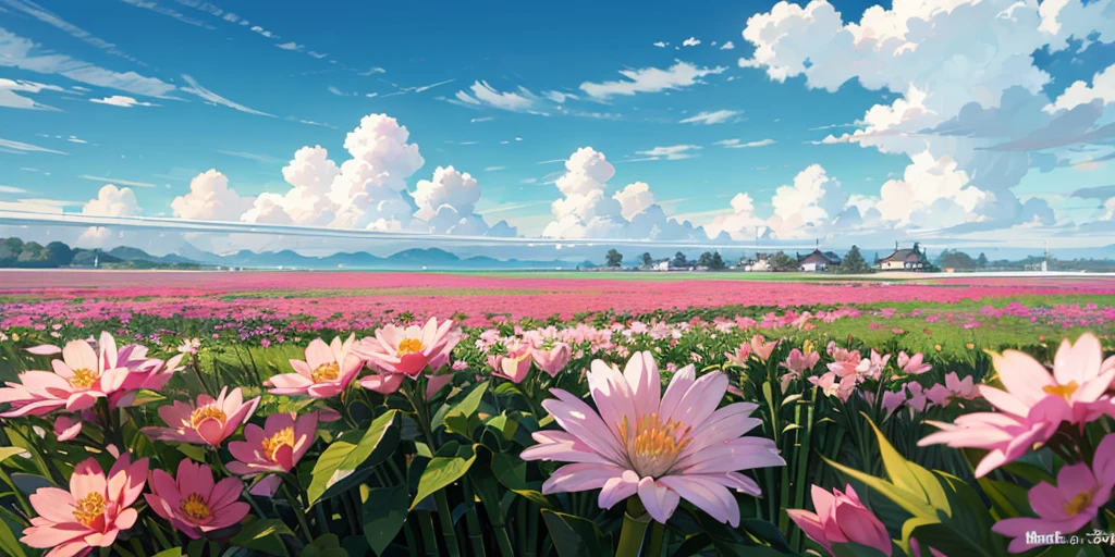 masutepiece, Best Quality, 8K, Wide-angle view, Sea, on grassland, flower sea, (bamboo forrest), in spring,door