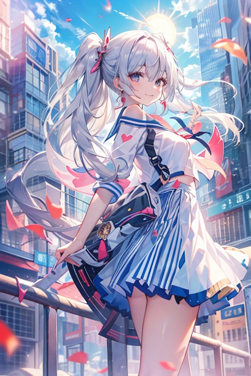 (masutepiece, Best Quality:1.2), 1girl in, 独奏, Cute,digitalart、Sailor Suit,a miniskirt、blue-sky、with the sun shining on it、(Twin-tailed, Beautiful hair, Silver hair.Flowing in the wind)、Cyber City、Heart earrings that shine in your ears, laught(Smile with your mouth slightly open)、glistning skin、Composition in which the whole body is visible、Small-faced beauty、towards us ,perfect-composition、Perfect light and shadow delicacy、in 8K