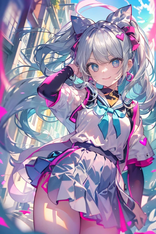 masutepiece, Best Quality:1.2), 1girl in, 独奏, Cute,digitalart、Sailor Suit,a miniskirt､blue-sky、with the sun shining on it、(Twin-tailed, Beautiful hair, Silver hair.Flowing in the wind)、Cyber City、Heart earrings that shine in your ears, laught(Smile with your mouth slightly open)、glistning skin、Composition in which the whole body is visible、Small-faced beauty、towards us ,perfect-composition、Perfect light and shadow delicacy、in 8K