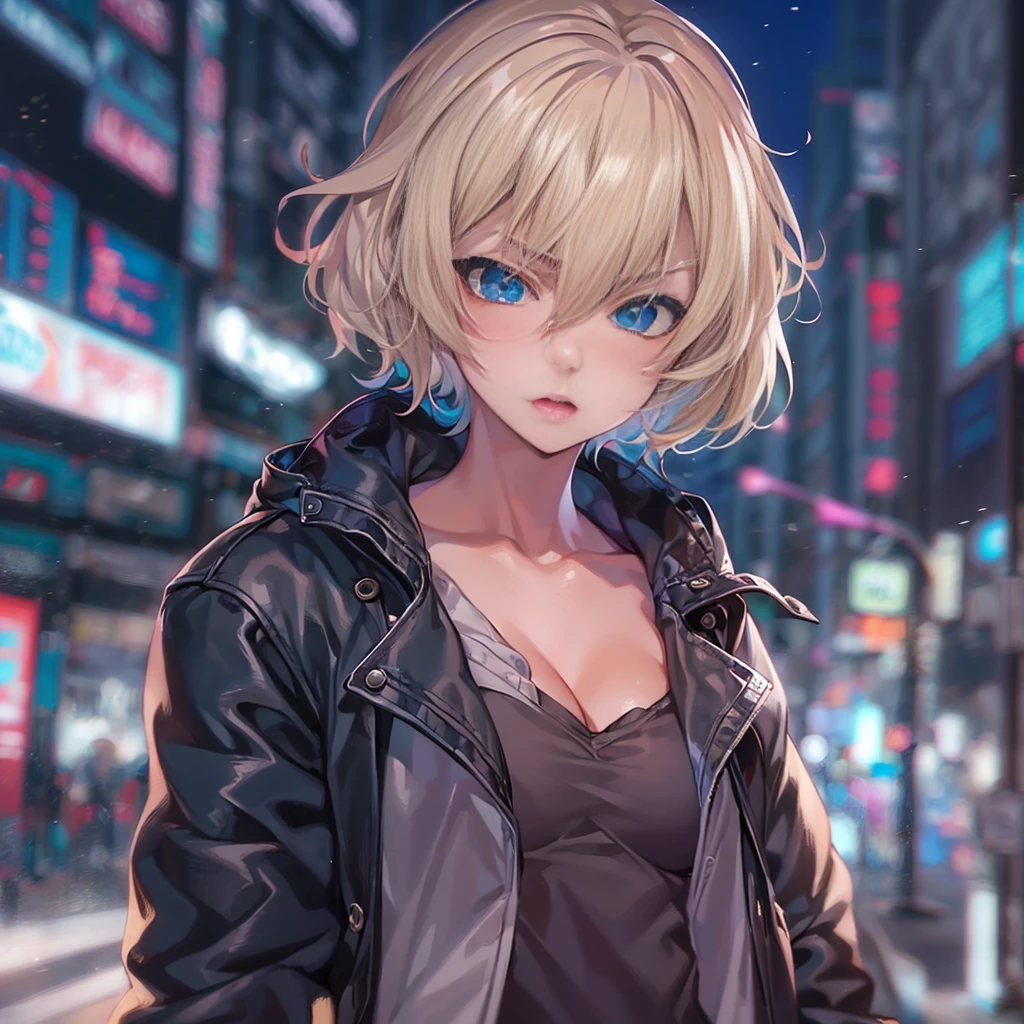 2D Anime Style、Blue eyes、A tall adult woman with short blonde hair and a cool angry expression,独奏,walking in city, (masutepiece, Best Quality;1.3)), ultra-detailliert, 8k unity wallpapers, nffsw, Ray tracing, Illustration, Colorful, cinematic shadow, extremely detailed and beautiful background,nffsw, VRay Shadering,nffsw, 1girl in, 20s, Adult, blush, Solo, Blue eyes, (The Blonde of), (Short hair), (slightly larger udder), Slim waist, White glowing skin, extremely detailed beautiful face, Beautiful face, Beautiful eyes, (Talented lo-fi:1.3), Sexy, obscenity, Black tank top, cleavage, (Skindentation), Fashion that shows off your stomach,Leather shorts, a jacket is a coat, Long sleeves, Open your clothes, Open jacket