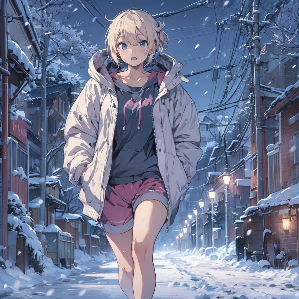 2D Anime Style、Blue eyes、breasts are slightly larger、A cool adult woman with short blonde hair is walking on a snowy night road with a cool expression.., Wear sweat tops that show your stomach, Sweatshorts