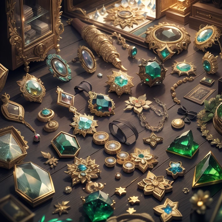 Green and white color scheme,(Full Focus),Antiques jewelry in display cases,Jewelry in a display case,Crystal gemstones in wooden display case,Gold jewelry products,magic item,Magic aura,High-tech luxury, High-value jewelry,,High-value metals,luxury goods,Puzzles are prohibited, Detailed and complex background, glittery, reflective light, hyper HD, Award-Awarded, A high resolution, High detail, Chiaroscuro, Cinematic lighting, Masterpiece, Ray traching,structurally correct, Super detail, High quality, High details, Best quality, 16k