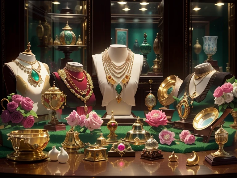 panoramic view, Green pink ruby red and gold color scheme,(Full Focus), Antiques jewelry in display cases,wooden glass display case,beautiful rare faceted gemstones in wooden display case,Gold jewelry products,magic item,Magic aura,High-tech luxury, High-value jewelry,,arranged neatly organized, High-value metals,elegant design luxury jewelry,pearl necklace, Puzzles are prohibited, Detailed and complex background, glittery, reflective light, hyper HD, Award-Awarded, A high resolution, High detail, Chiaroscuro, Cinematic lighting, Masterpiece, Ray traching,structurally correct, Super detail, High quality, High details, , sharp focus, (photorealistic), (masterpiece), (best quality), (ultra highres), (12K), 16k,