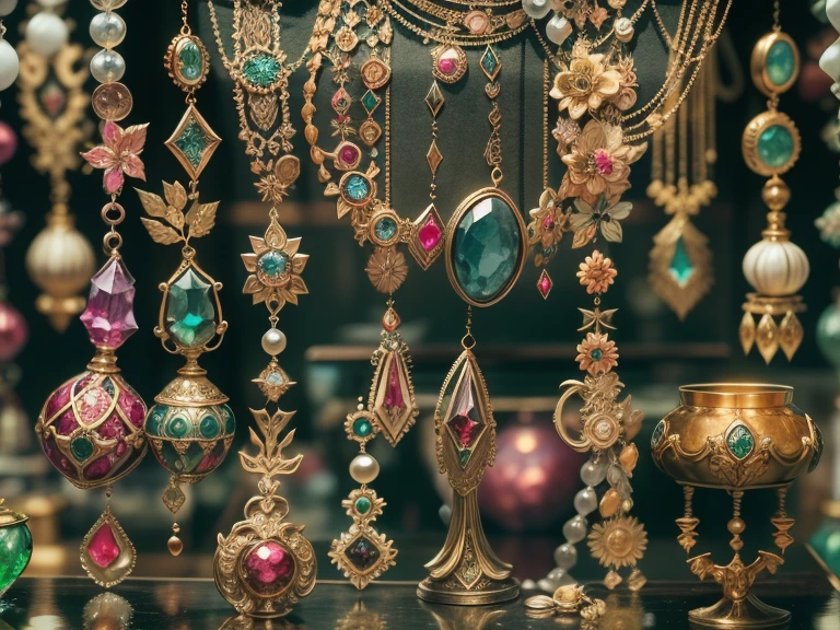 panoramic view, Green pink ruby and gold color gemstones scheme,（Full Focus）, Antiques jewelry in glass display case at a highly detailed jewelry boutique shop, highly detailed beautiful rare faceted gemstones in wooden display case, gold chain beaded necklace, Gold jewelry products on display in store, magic item，Magic aura，High-tech luxury， High-value jewelry,，arranged neatly organized, High-value metals，elegant design luxury jewelry，pearl necklace, Puzzles are prohibited, Detailed and complex background, glittery, reflective light, hyper HD, Award-Awarded, A high resolution, High detail, Chiaroscuro, Cinematic lighting, Masterpiece, Ray traching，structurally correct, Super detail, High quality, High details, , sharp focus, (photorealistic), (masterpiece), (best quality), (ultra highres), (12K), 16k,