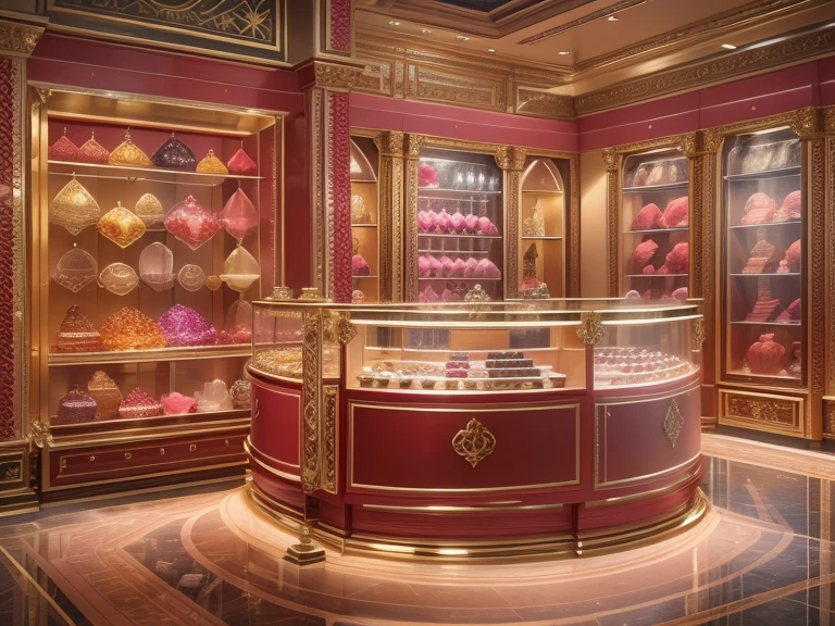 panoramic view, Green pink ruby and gold color gemstones scheme,（Full Focus）, Antique jewelry on soft cream velvet in glass display case at a highly detailed jewelry boutique shop in dubai, highly detailed beautiful rare faceted gemstones in wooden display case, gold chain beaded necklace, Gold jewelry products on soft cream velvet display in store, magic item，Magic aura，detailed hand-made luxury High-value jewelry arranged neatly organized, each jewelry is proportionate to room scene, High-value metals，elegant Antique design luxury jewelry，pearl necklace, highly detailed gold gemstone rings, dainty feminine jewelry, Puzzles are prohibited, Detailed and complex background, glittery, reflective light, hyper HD, Award-Awarded, soft-lighting, room in sunlight, A high resolution, High detail, Chiaroscuro, Cinematic lighting, Masterpiece, Ray traching，structurally correct, Super detail, High quality, High details, , sharp focus, (photorealistic), (masterpiece), (best quality), (ultra highres), (12K), 16k,