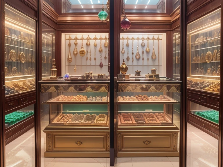 panoramic view, Green pink ruby and gold color gemstones scheme,（Full Focus）, dainty feminine Antique gemstone jewelry on soft cream velvet in glass display case at a highly detailed jewelry boutique shop in dubai, highly detailed beautiful rare faceted gemstones in wooden display case, glittery, gold chain beaded necklace, Gold jewelry glittery products on cream color display wooden trays in store, magic item，Magic aura，detailed hand-made luxury High-value jewelry arranged neatly organized, each jewelry is proportionate to room scene, High-value metals，elegant Antique design luxury jewelry，pearl necklace, highly detailed gold gemstone rings,Puzzles are prohibited, Detailed and complex background, reflective light, hyper HD, Award-Awarded, soft-lighting, room in sunlight, A high resolution, High detail, Chiaroscuro, Cinematic lighting, Masterpiece, Ray traching，structurally correct, Super detail, High quality, High details, , sharp focus, (photorealistic), (masterpiece), (best quality), (ultra highres), (12K), 16k,