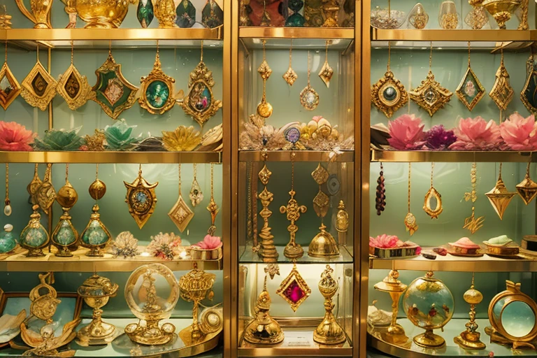 panoramic view, Green pink ruby and gold color gemstones scheme,(Full Focus),Antique jewelry in glass display case at a highly detailed jewelry boutique shop,Jewelry in a display case,Crystal gemstones in display case,Gold and silver products,magic item,Magic aura,highly detailed beautiful rare faceted gemstones in wooden display case, gold chain beaded necklace, Gold jewelry products on soft cream velvet display in store, magic item,Magic aura,detailed hand-made luxury High-value jewelry arranged neatly organized, each jewelry is proportionate to room scene, High-value metals,elegant Antique design luxury jewelry,pearl necklace, highly detailed gold gemstone rings, dainty feminine jewelry, High-value jewelry,,High-value metals,luxury goods,Puzzles are prohibited, Detailed and complex background, glittery, reflective light, hyper HD, Award-Awarded, A high resolution, High detail, Chiaroscuro, Cinematic lighting, Masterpiece, Ray traching,structurally correct, Super detail, High quality, High details, Best quality, sharp focus, (photorealistic), (masterpiece), (best quality), (ultra highres), (12K), 16k,