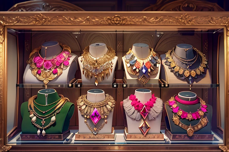 panoramic view, Green pink ruby and gold color gemstones scheme,(Full Focus),Antique jewelry in glass display case at a highly detailed jewelry boutique shop,Jewelry in a display case,Crystal gemstones in display case,Gold and silver products,magic item,Magic aura,highly detailed beautiful rare faceted gemstones in wooden display case, gold chain beaded necklace, Gold jewelry products on soft cream velvet display in store, magic item,Magic aura,detailed hand-made luxury High-value jewelry arranged neatly organized, each jewelry is proportionate to room scene, High-value metals,elegant Antique design luxury jewelry,pearl necklace, highly detailed gold gemstone rings, dainty feminine jewelry, High-value jewelry,,High-value metals,luxury goods,Puzzles are prohibited, Detailed and complex background, glittery, reflective light, hyper HD, Award-Awarded, A high resolution, High detail, Chiaroscuro, Cinematic lighting, Masterpiece, Ray traching,structurally correct, Super detail, High quality, High details, Best quality, sharp focus, (photorealistic), (masterpiece), (best quality), (ultra highres), (12K), 16k,