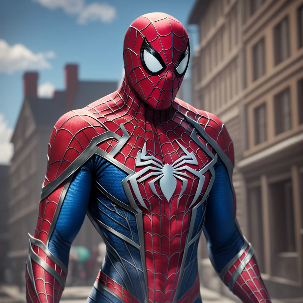 Spider-Man in a witcher suit with blue details, a large steel spider symbol on the chest. viking mask, visors. Photo, ultra-realistic, high quality, high resolution, photorealistic, 32k, ultra HD, meticulously detailed, very detailed, aesthetically pleasing image., 3d render, photo, fashion --auto --s2