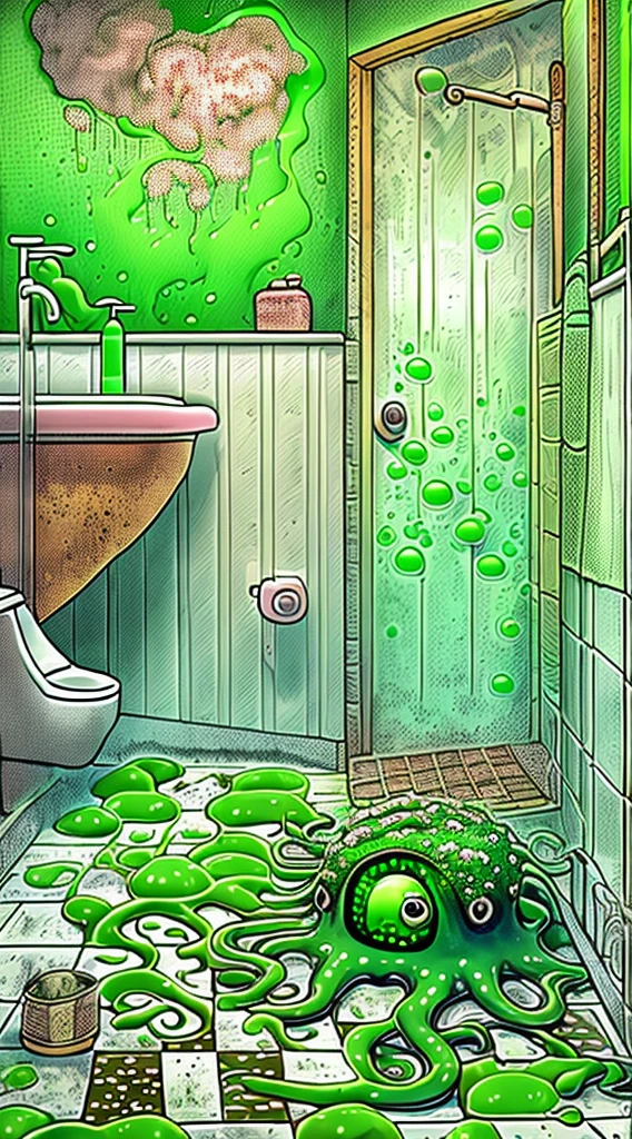 small bathroom,toilet,(green slime alien blob monster with tentacles), pops out of the toilet, background: small bathroom,1toilet,1window,((green slime explosions)), checkerboard floor,mess, newspapers,