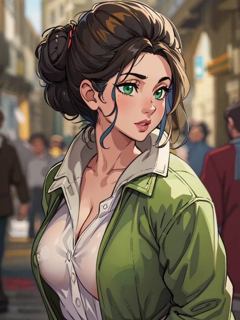 (best quality, masterpiece, illustration:1.1), [[[1girl]]], black bun haired jewish girl, (((big boobs))), huge boobs, [[[big nose!]]], Jew nose, wearing white shirt and pale olive jacket along with brown pants, beautiful, highly detailed, 4k, perfect body, perfect proportions, rich quality, hd, ultrahd, full body, idle pose, green eyes