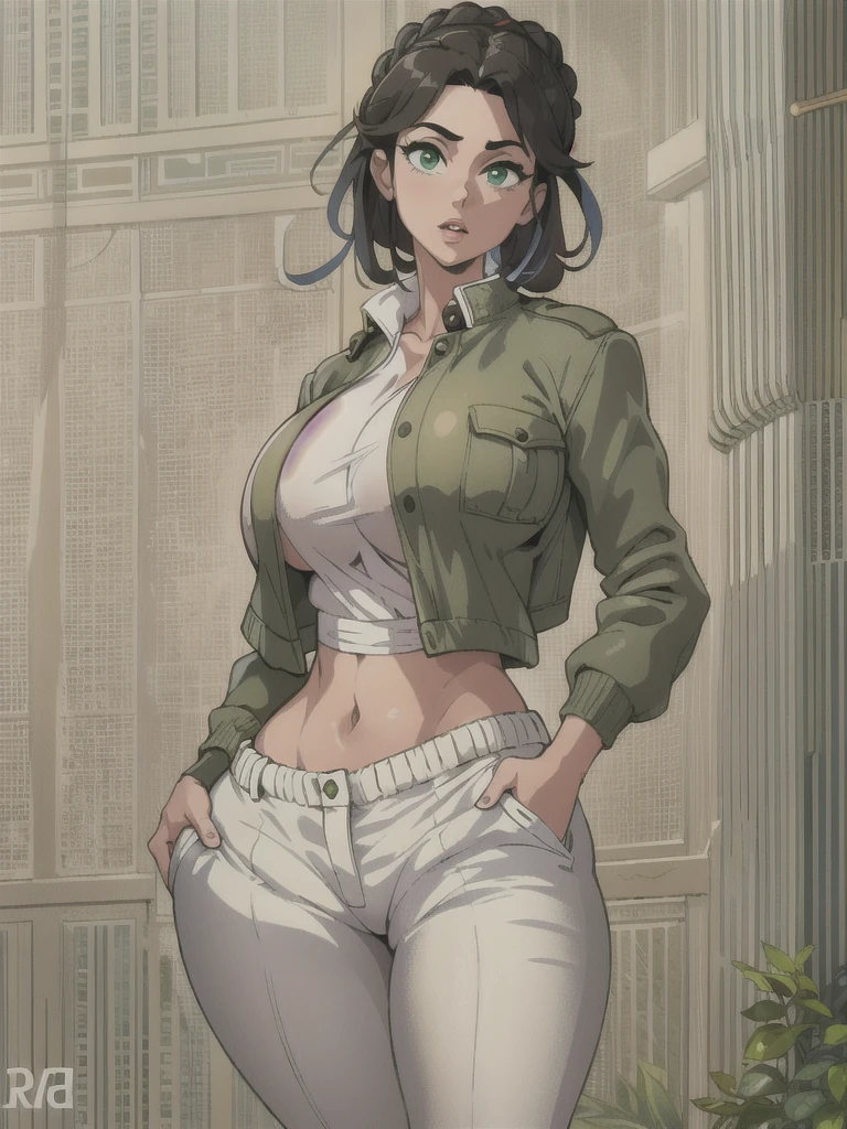 (best quality, masterpiece, illustration:1.1), [[[1girl]]], black bun haired jewish girl, (((big boobs))), huge boobs, [[[big nose!]]], big nose, (wearing white shirt and pale olive jacket along with brown pants), beautiful, highly detailed, 4k, perfect body, rich quality, hd, ultrahd, full body, idle pose, green eyes