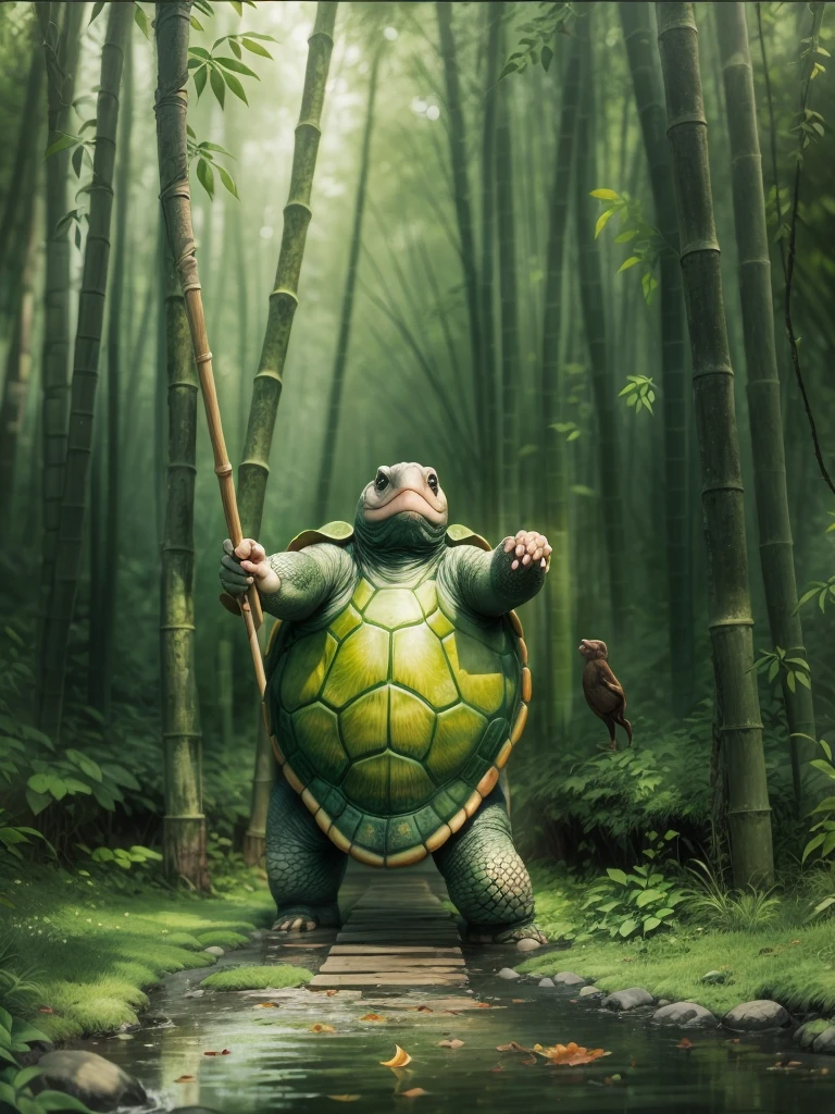 （big turtle in movie：1.5），Turtle Master：1.8，Turtle Master, Kungfu，bamboo forrest，Practice martial arts，zen feeling，holding a wooden cane，（No pandas：1.5）