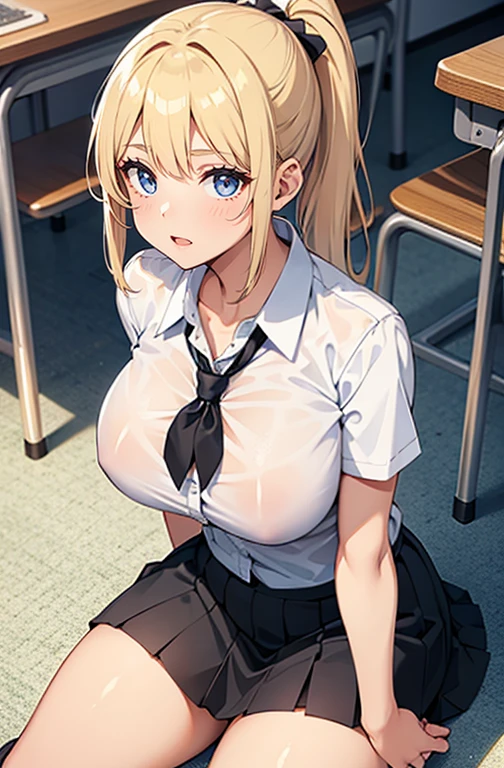 A female student in a white shirt and black skirt sits on the floor of a classroom, revealing white panties, Blonde ponytail, huge tit, Fitness model, Ruddy cheeks