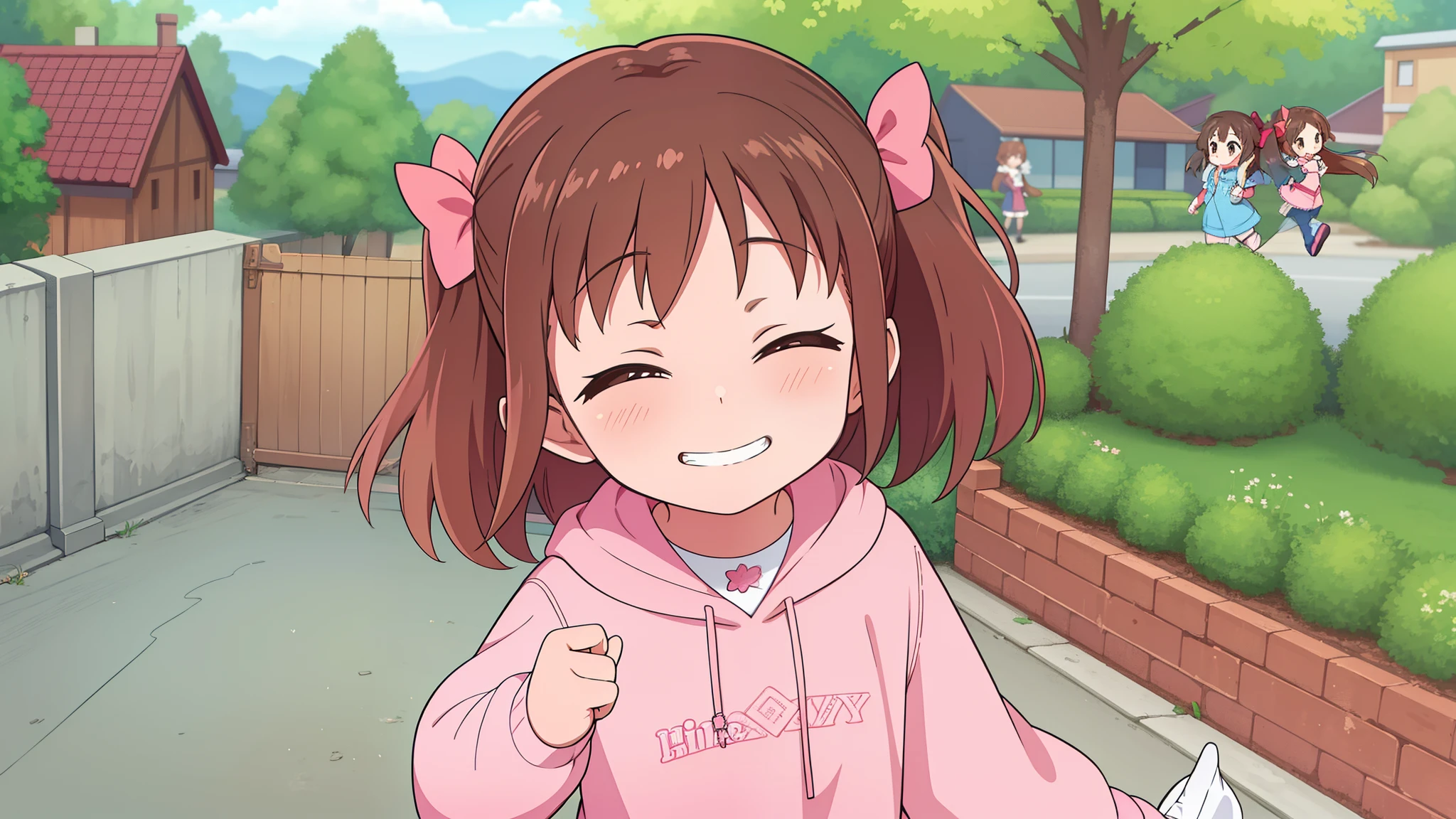 hiquality, tmasterpiece (one girls) . brown hair. Pink Children's Clothing. pink bows. ponytails on the hair. sweet smile. open brown eyes. against the background of the Street