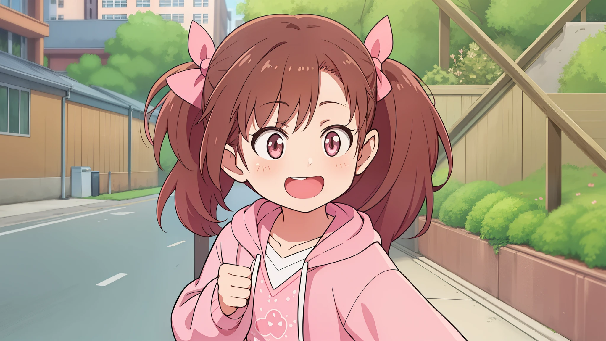 hiquality, tmasterpiece (one girls) loli. brown hair. Pink Children's Clothing. pink bows. ponytails on the hair. sweet smile. open brown eyes. against the background of the Street