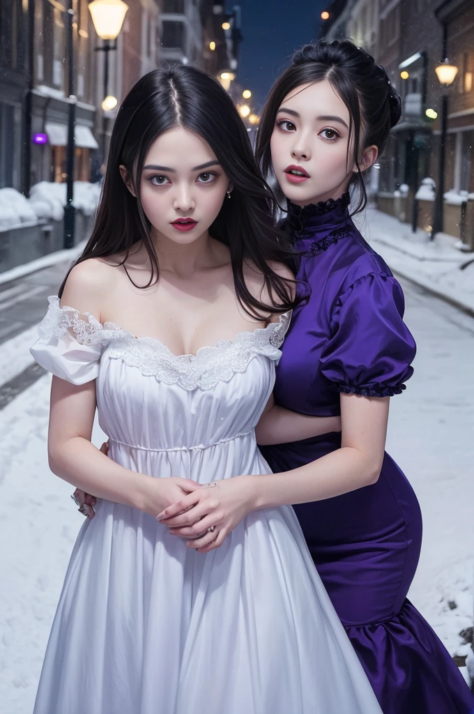 Masters of masterpieces, best quality, stunning beauties, 2 girls, twins, black and white, they are a model in stylish dresses, they are 28 years old, their eyes are blue, snow white skin --auto