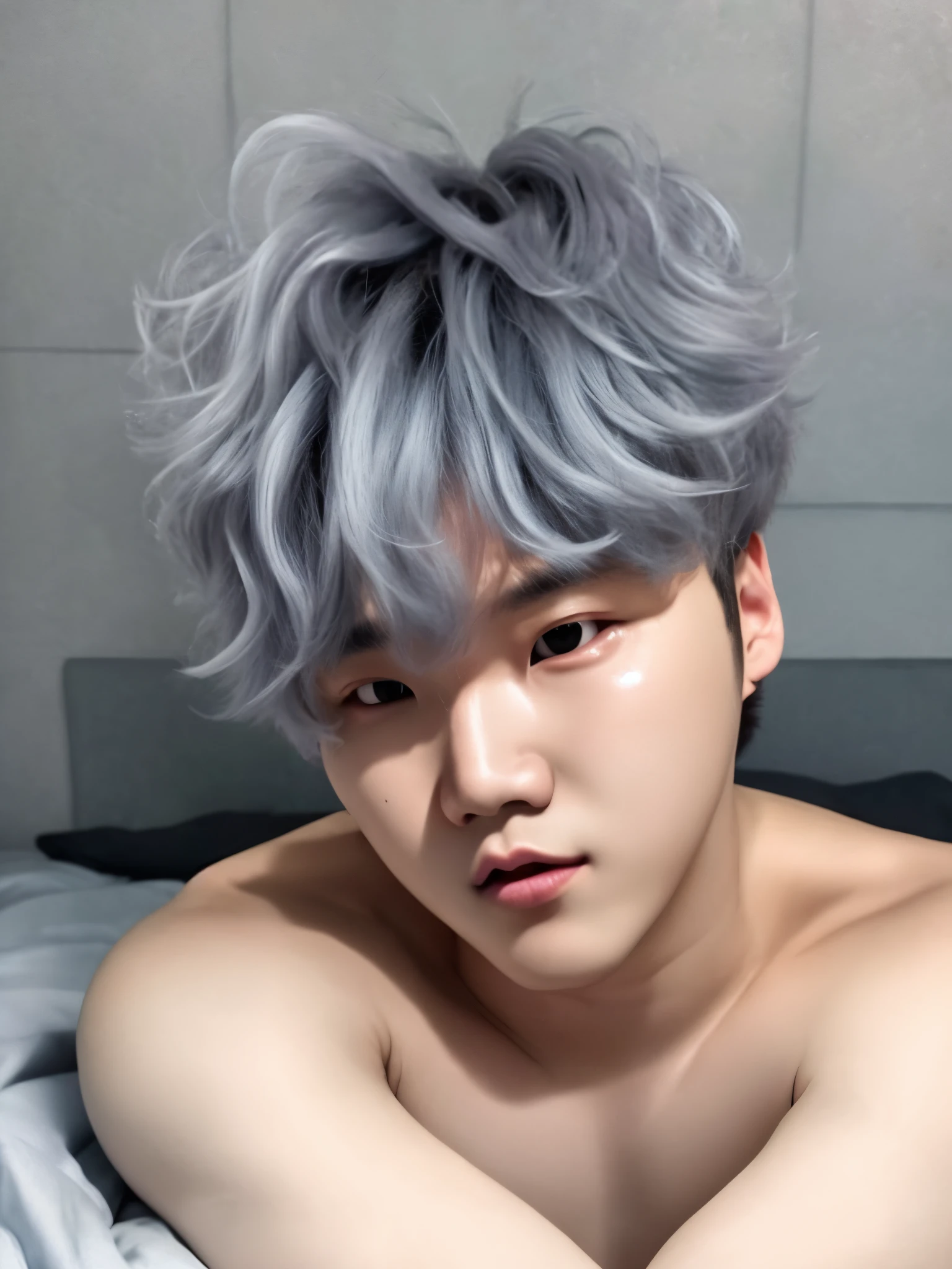 Min yoongi de BTS con el cabello color gris sobre una cama con el torso desnudo.