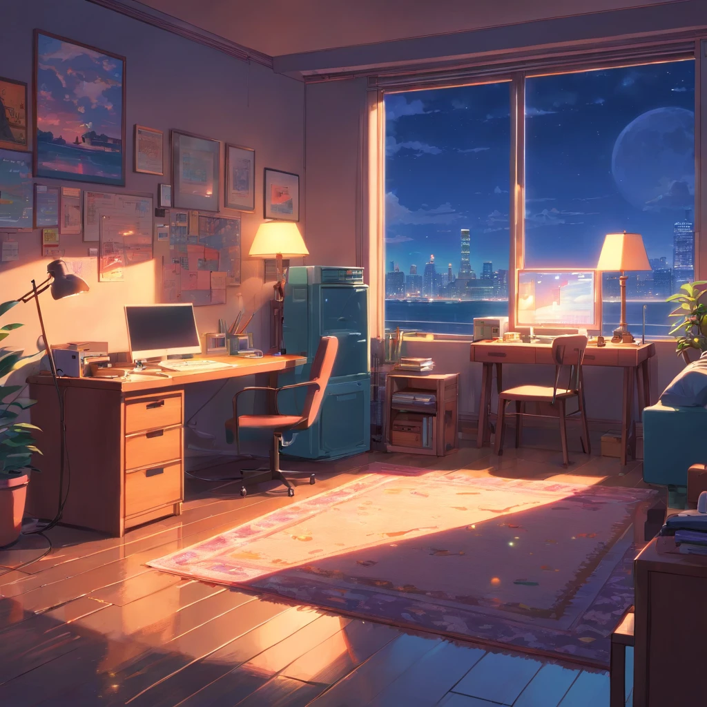 3d animation cinematic still of a cozy room, big windows with city view at night, crested moon, melancholic, sad vibes, bed is unmade, computer desk, cluttered with the mismatched furniture, The otaku style posters on the walls and the guitar in the corner,in style of Pixar, Disney, vaporwave