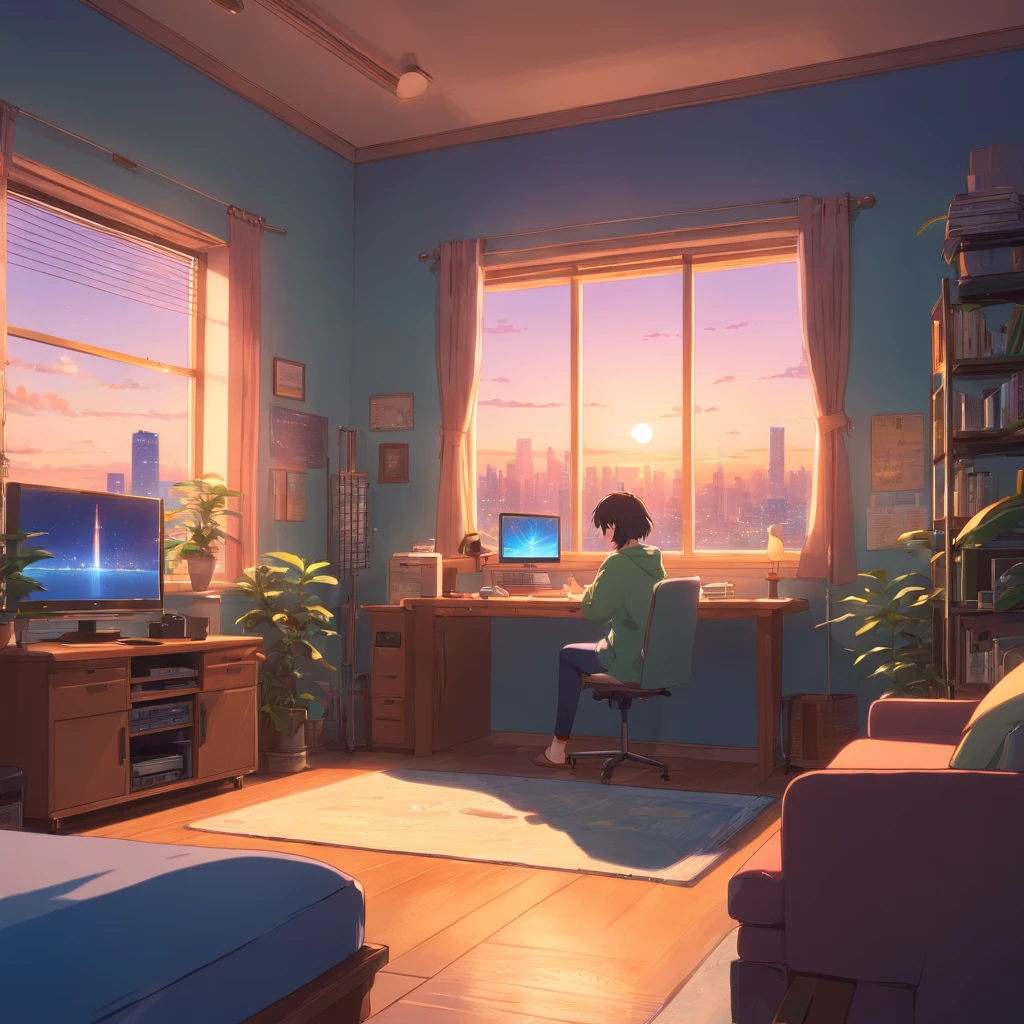 3d animation cinematic still of a cozy room, big windows with city view at night, crested moon, melancholic, sad vibes, bed is unmade, computer desk, cluttered with the mismatched furniture, The otaku style posters on the walls and the guitar in the corner,in style of Pixar, Disney, vaporwave