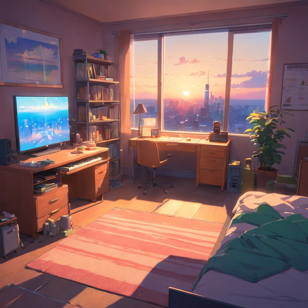 3d animation cinematic still of a cozy room, big windows with city view at night, crested moon, melancholic, sad vibes, bed is unmade, computer desk, cluttered with the mismatched furniture, The otaku style posters on the walls and the guitar in the corner,in style of Pixar, Disney, vaporwave