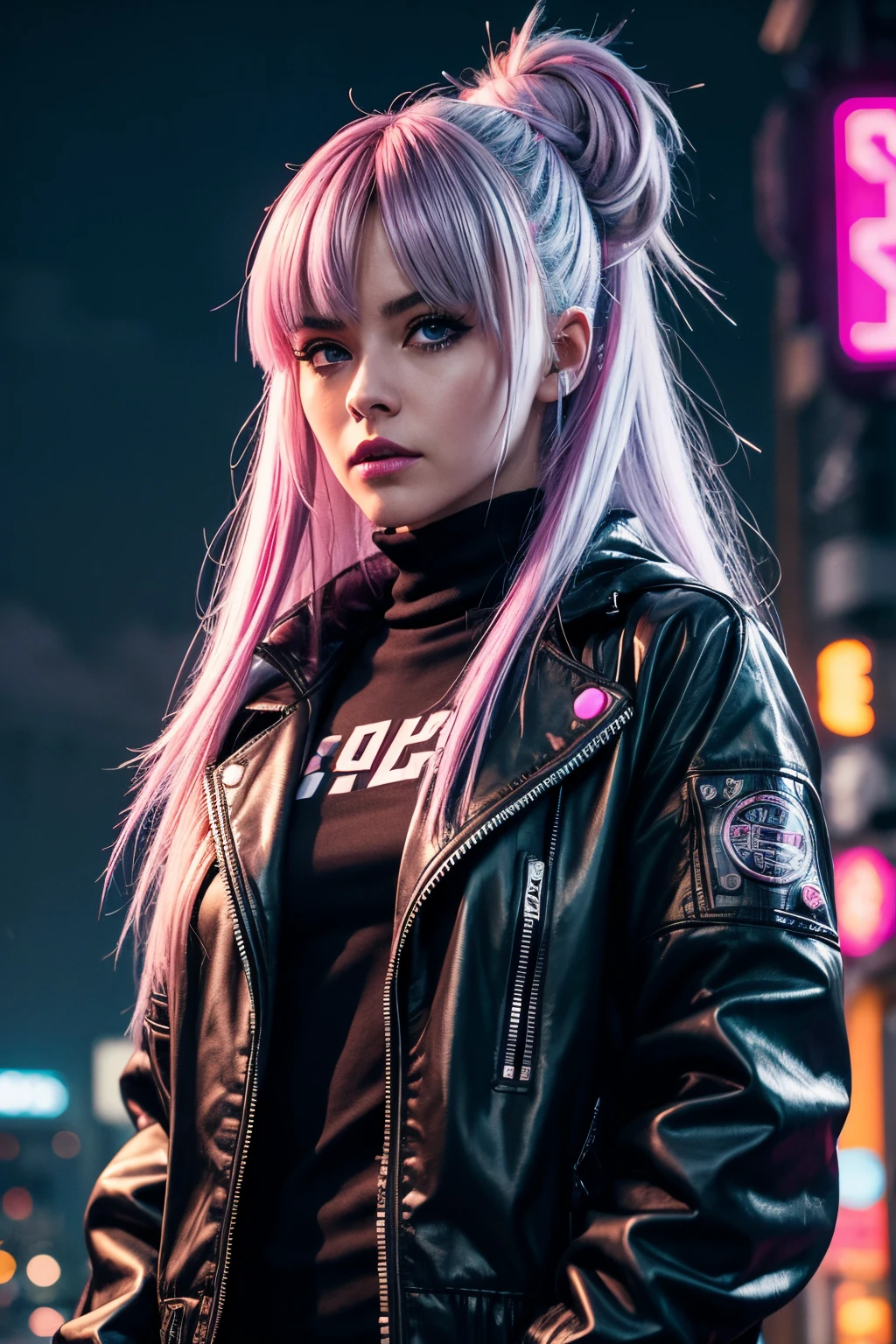 lucy \(cyberpunk\), 1girl, hair scrunchie, hime cut, silver hair, colored tips, full moon, grey eyes, jacket, long sleeves, looking at viewer, medium hair, multicolored hair, parted bangs, parted lips, pink hair, portrait, red eyeliner, red lips, solo, white jacket, cyberpunk \(series\), rainy night in a cyberpunk city with glowing neon lights