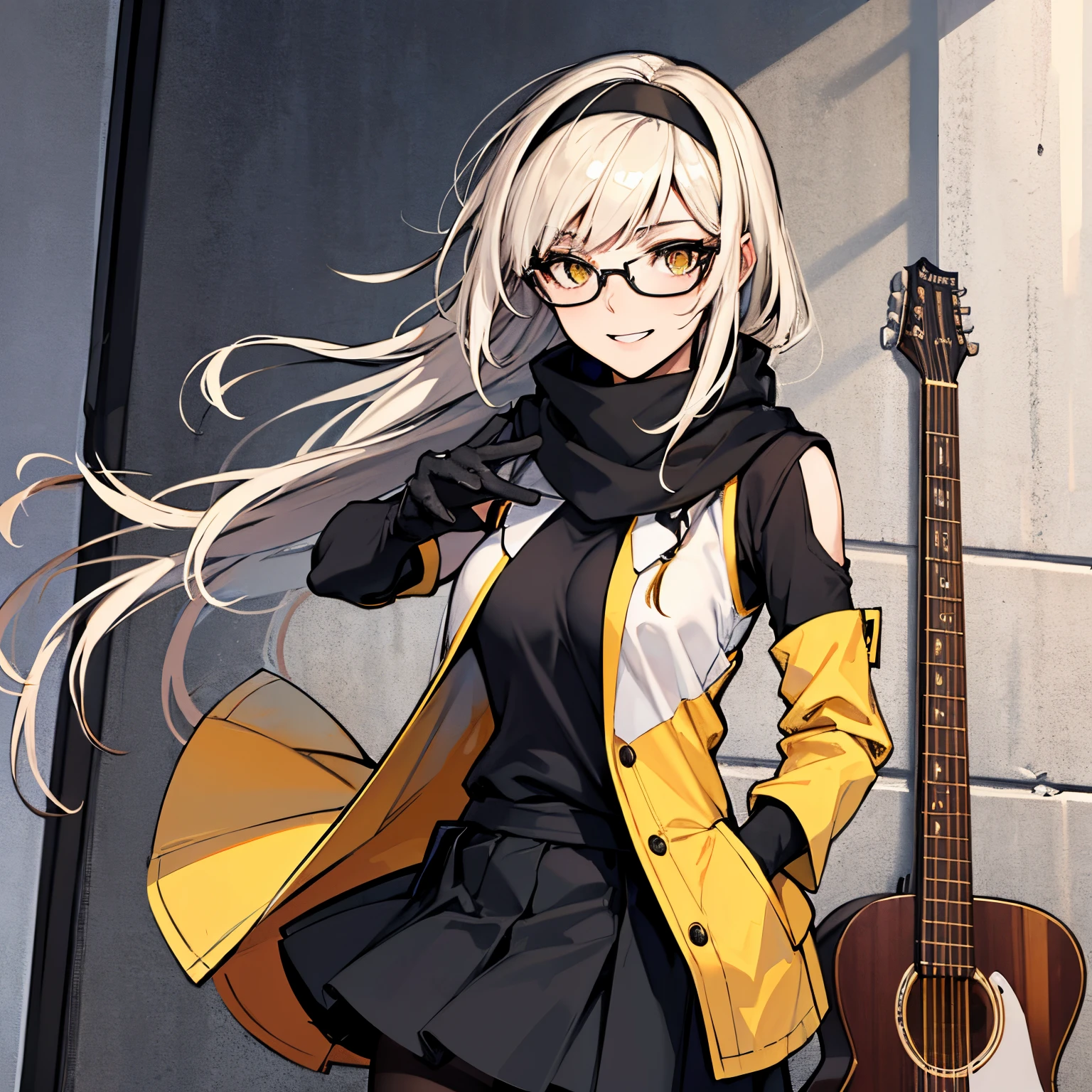 (absurdres, 8k, 4k, masterpiece, hyper extreme detailed:1.2), solo, front view portrait, best quality, portrait, solo, adult, cowboyshot, perfect anatomy, 1girl, perfect face, expressive eyes, perfect eyes, half body, platinum blonde hair, swept bangs, glasses, cool, confident, friendly, medium bust, toned, cool, suve, protagonist, unchanging, worry free, adventurous, long hair, snow, snowy city, hands in pockets, graphic t-shirt, black scarf, gold eyes, braided hair, gloves, pantyhose, skirt, eccentric, odd, quirky, unique, carefree, original, guitar slung over back, guitar strap between breasts, messy hair, wind, windy, moving hair, moving clothes, tangled hair, dirty, haply, content, exposed right shoulder, black sleeve arm warmers, black sleeves, dynamic pose, friendly, light smile, enthusiastic, over achiever, free spirit, hippie, go getter, headband,