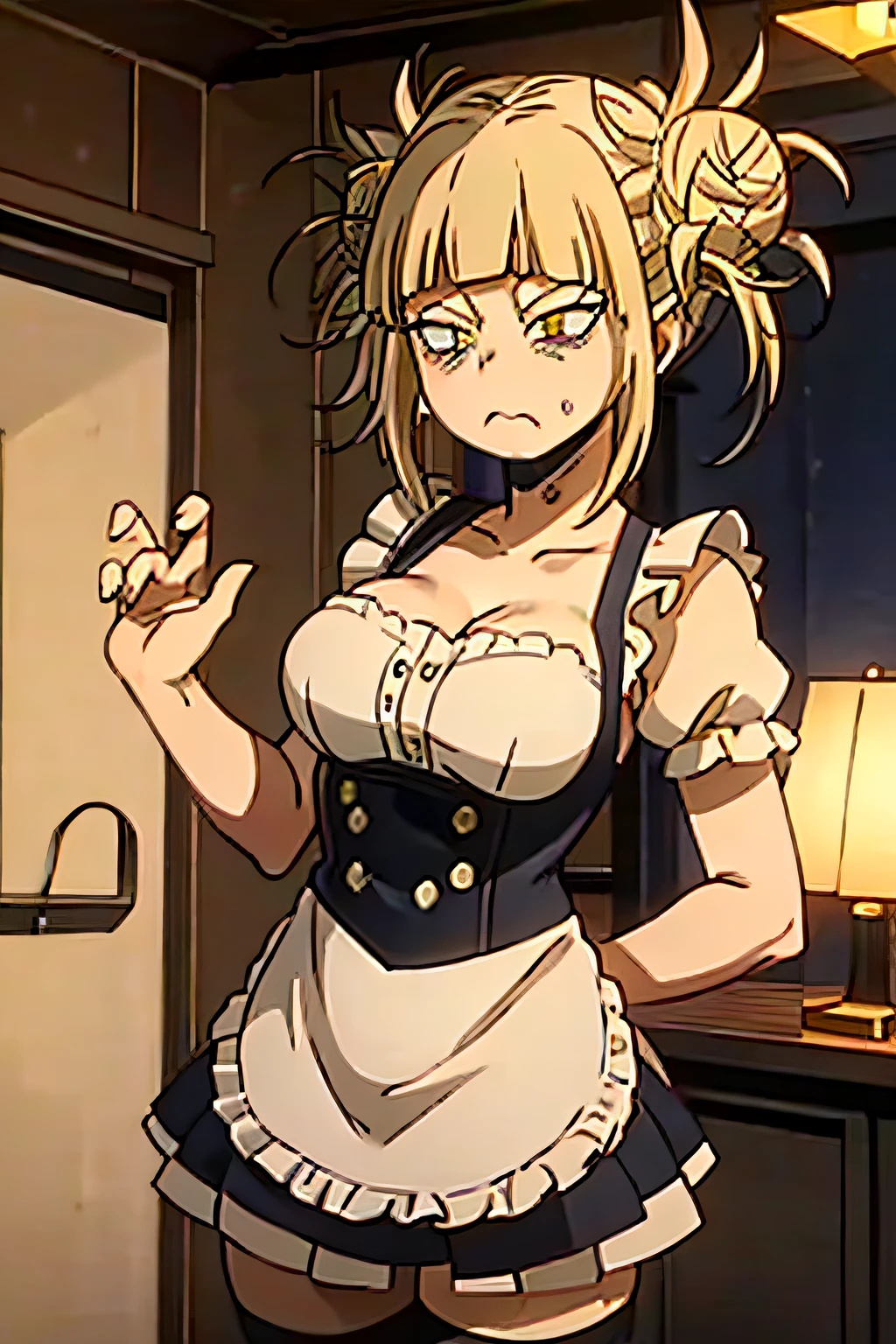 Himikotoganova, (1girl in, Solo), Blonde hair, Double bun, hair messy, Bangs, (Perfect eyes, Yellow eyes), bags under eyes, (closes mouth), breasts, Looking at Viewer, latex maid clothes, Embarrassed face