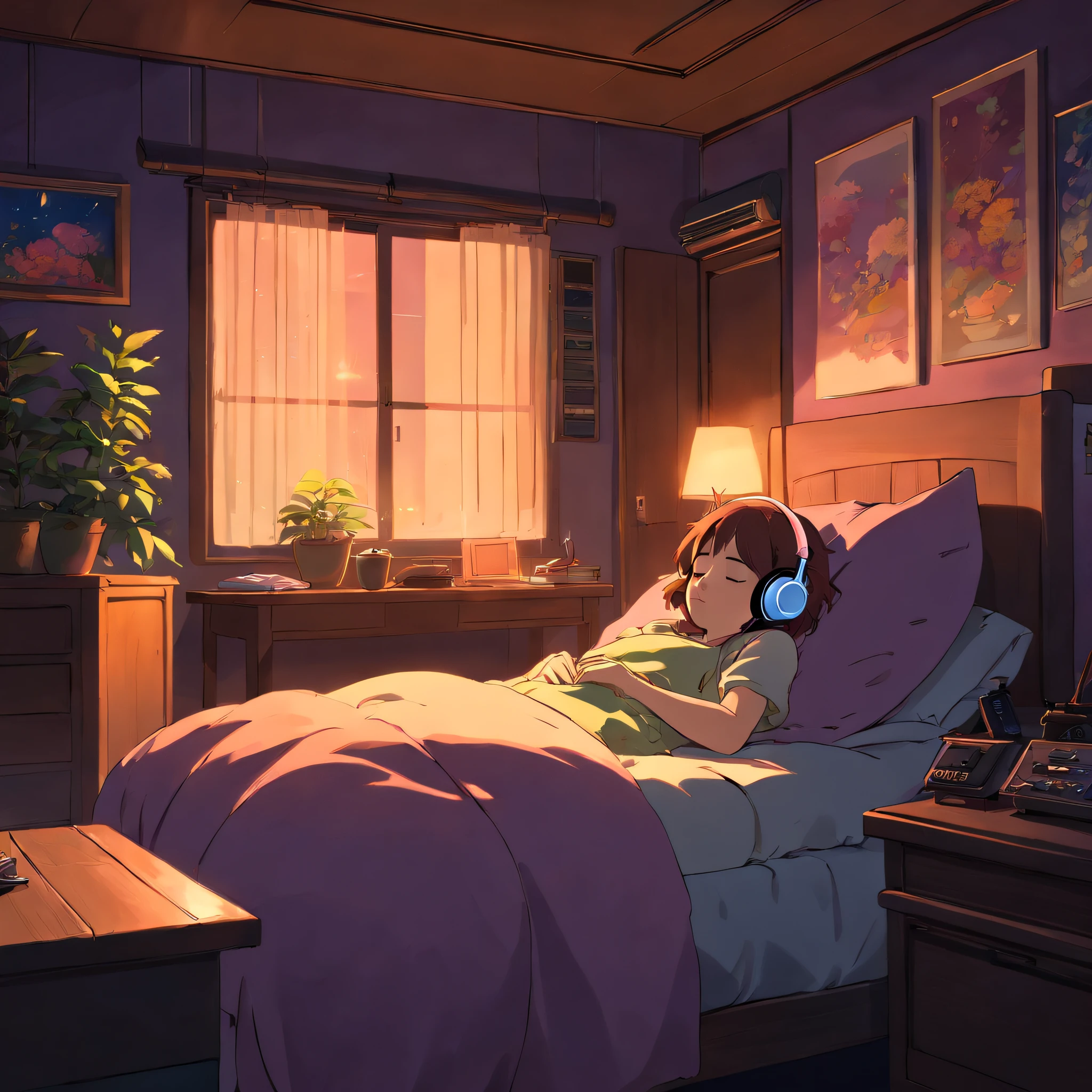 A girl is lying on the bed in the room,with headphones on, It's raining outside the window at night,scene