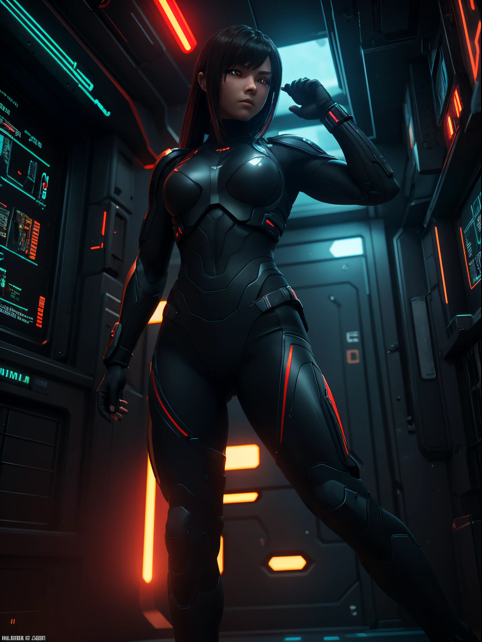 Teenage girl, Linda, wearing combat suit (fully body) provocative bodysuit), breastsout, defined body, anatomical correct, long hair, high-tech, in a spaceship corridor, best qualityer, 3d, anime styling