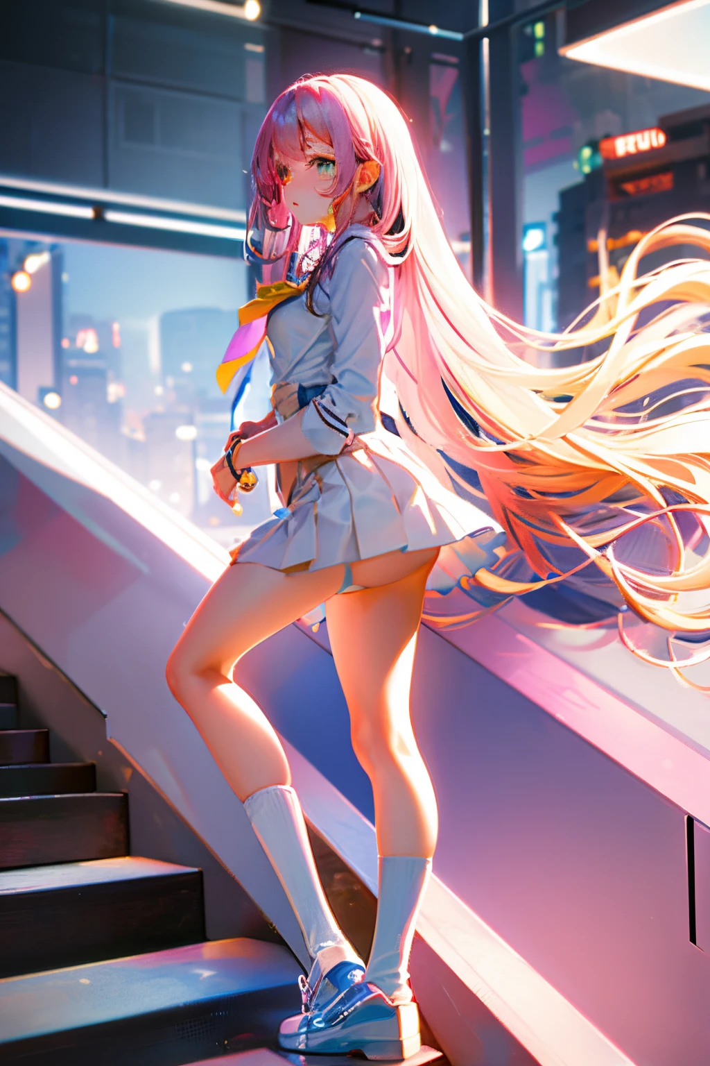 Gentle, nice ass, Gorgeous, wonderful girl, Tall girl, Pastel pink long hair, pastel yellow big eyes, Beautiful view, blushes slightly, in a simple white shirt, with light yellow bow for tie, and light pink, skirt Wears long white knee socks, and black school shoes, he has very fair skin, long eyelashes, Wears several simple white clips in her hair.., Wear gold bracelets, Hot shaped body, Oshi no ko style and night background
