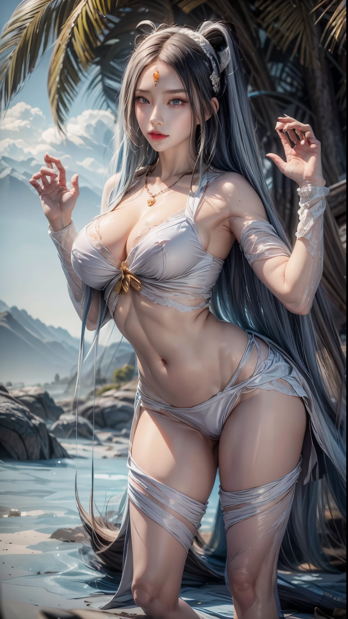 realistic, 1 women, best quality, 12k, HD, long hair, big round breasts, cleavage, ponytail, necklace, jewelry, shorts, short jacket, slim hips, hair tie, yellow eyes, black hair, super detailed, Eye details, hair details, person details, mouth details, face details, breast details, clothes details, hair details, pants details, hand details, whole body