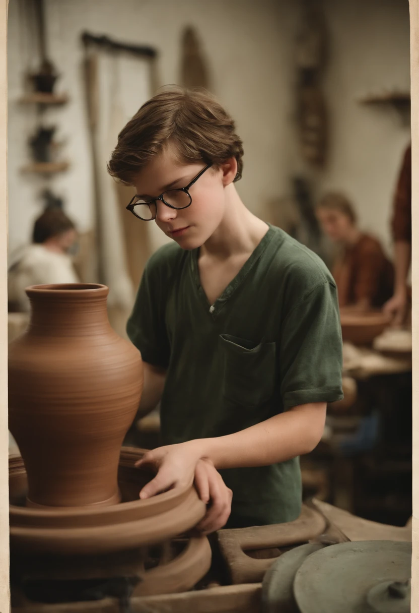 A photo of Ethan attending a pottery workshop, shaping a clay vase on a spinning wheel,original,Ethan, a 16-year-old high school sophomore, has always been the quintessential nerd: introverted, academically gifted, and more comfortable with books than with social interaction. With his thick-rimmed glasses, unruly brown hair, and slight, unassuming frame, Ethan often fades into the background, overlooked by his peers.