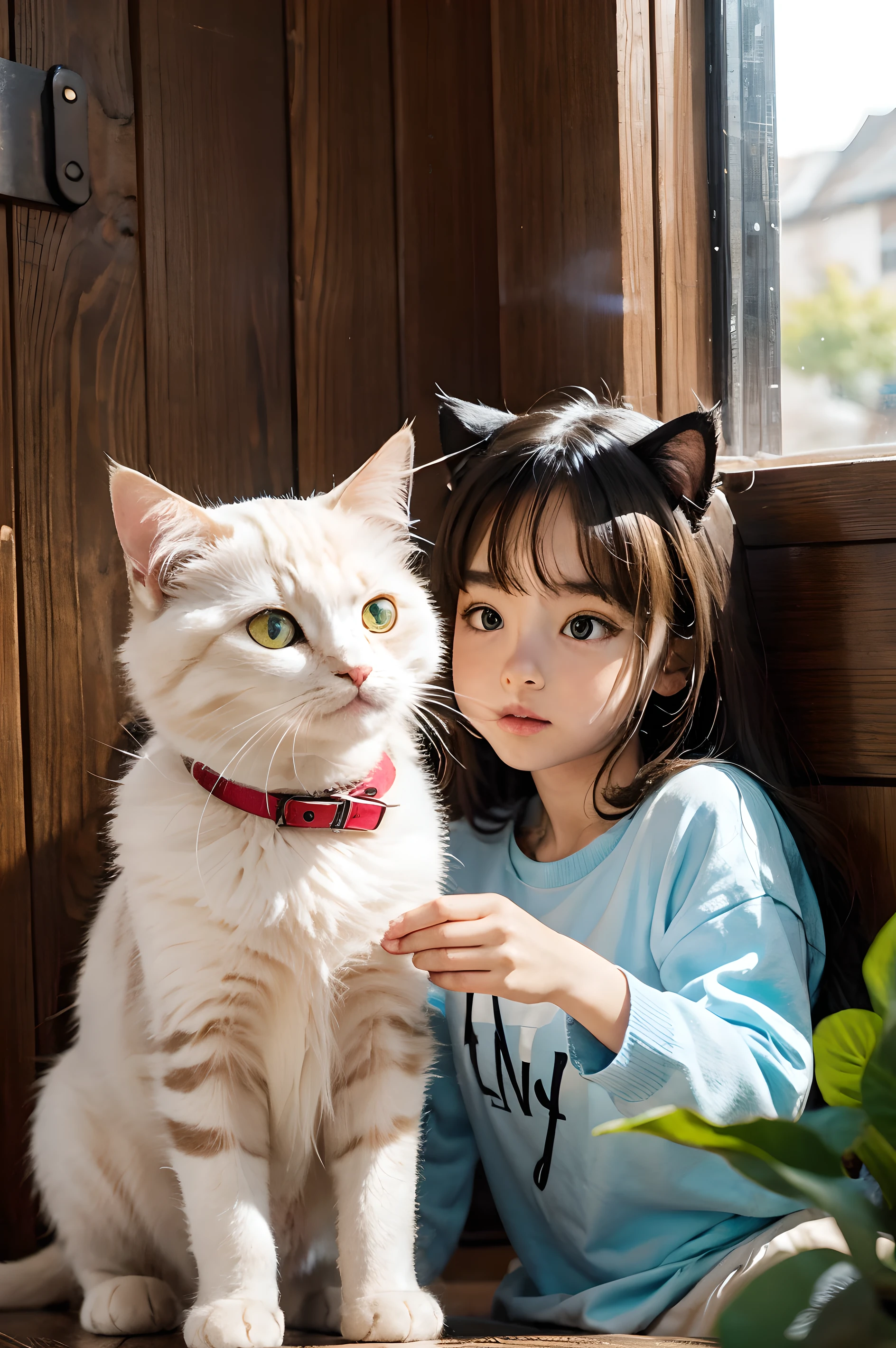 top-quality、Girl holding a black cat、Cute 14 year old girl、Bun hair with brown hair tied、Black cat、Natural look、longshot、Natural light