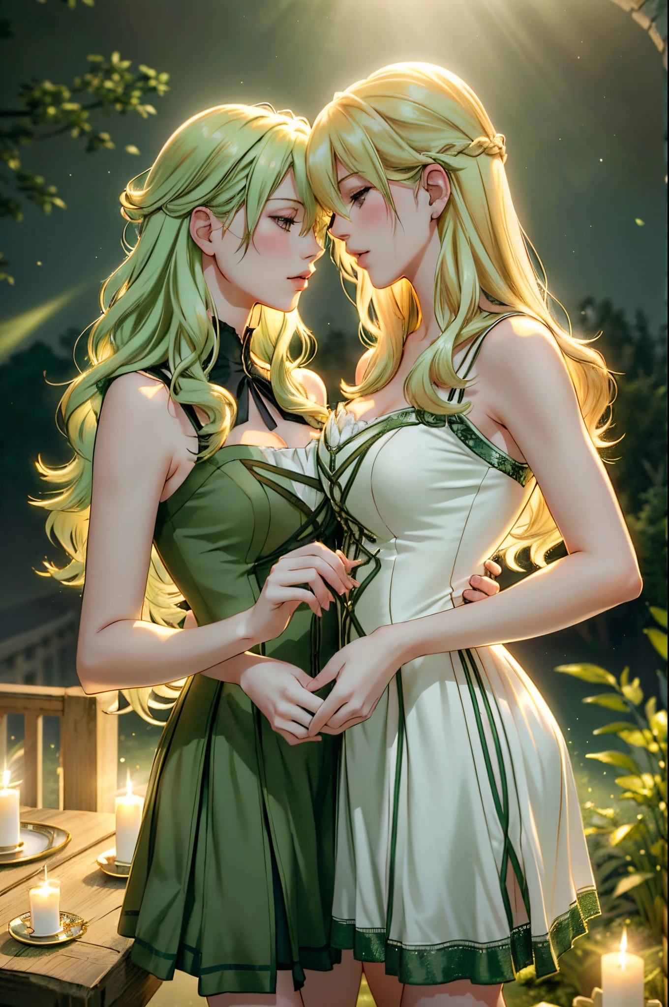 (a romantic and sexy scene, 2 women kissing, Alisa Reinford with long blonde hair and Musse Egret with short green hair), sleeveless dresses, high resolution. (romantic and sensual atmosphere:1.2, vibrant colors, soft lighting and impeccable editing:1.3, natural hair and realistic details:1.2)