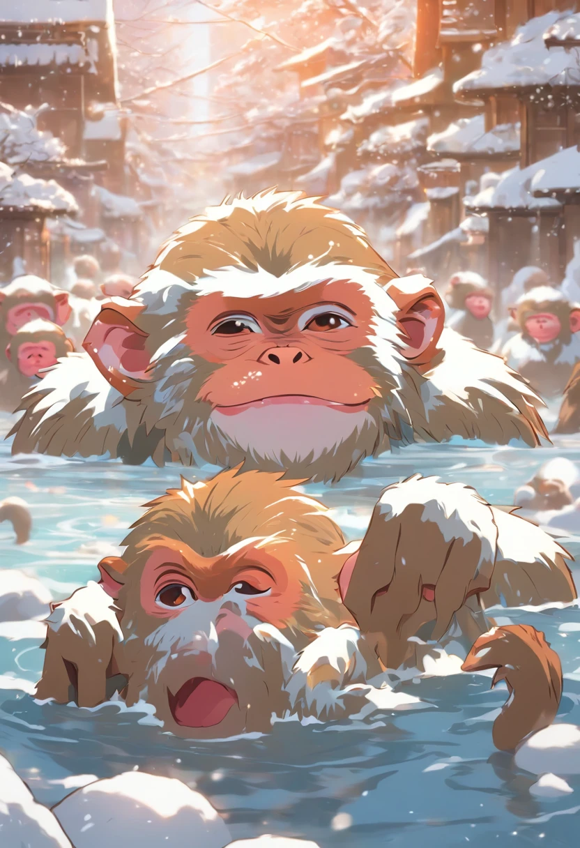 Japanese Macaque Soak yourself up to your shoulders in an open-air bath entrar Nieve alrededor