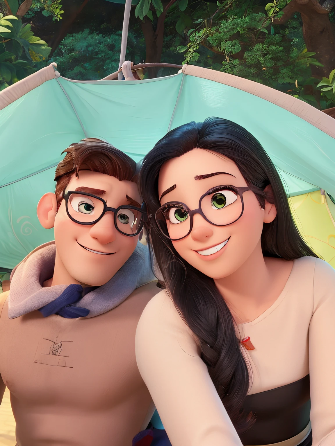 Casal (homem moreno e mulher branca) no estilo Disney Pixar, alta qualidade, melhor qualidade.