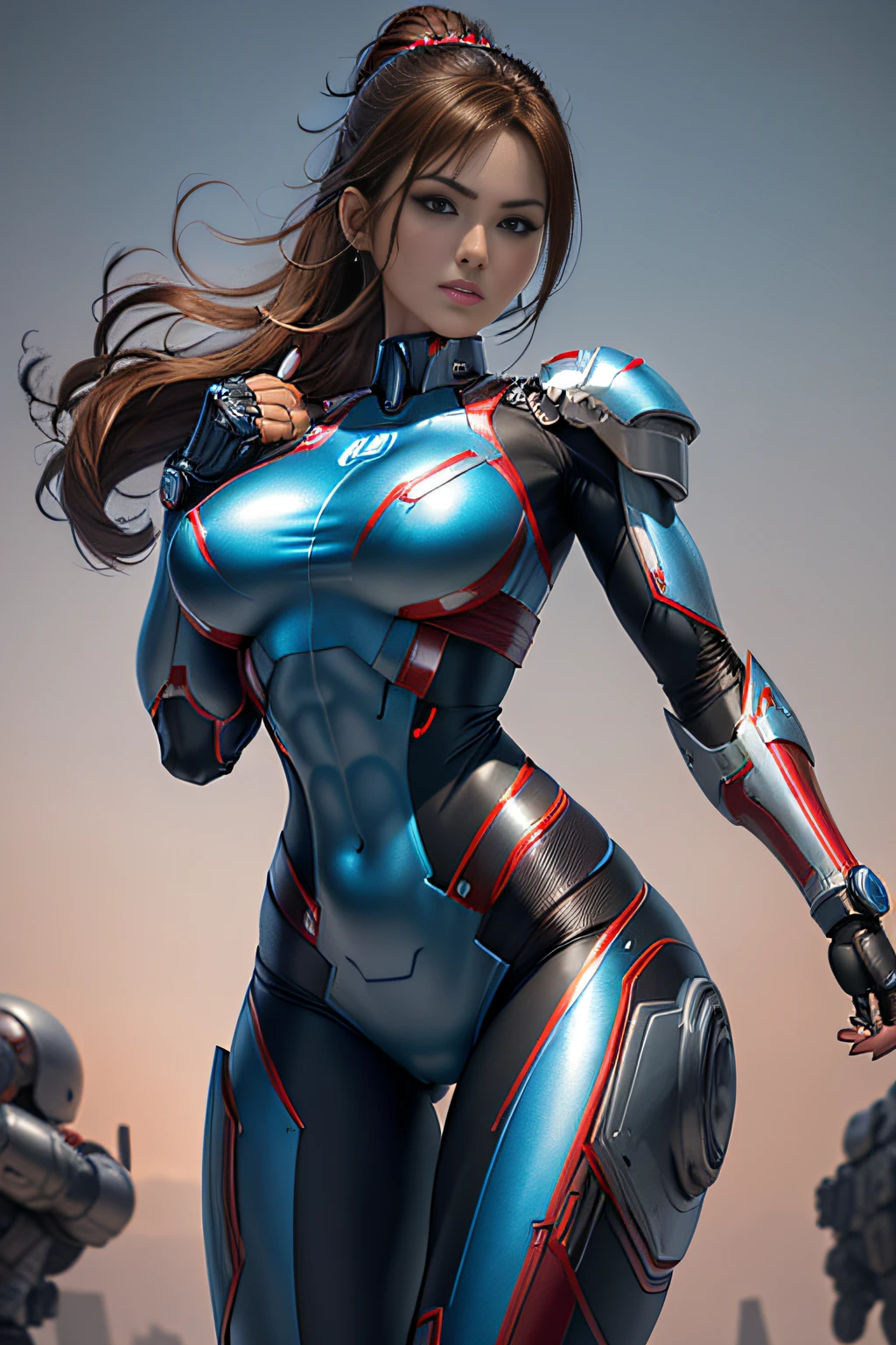 Textured skin, Super Detail, high details, High quality, Best Quality, hight resolution, 1080p, hard disk, Beautiful,(Iron Patriot),beautiful cyborg woman,Mecha Cyborg Girl,Battle Mode,Girl with a Mecha Body,She wears a futuristic Iron Patriot mech,Fulll body Shot