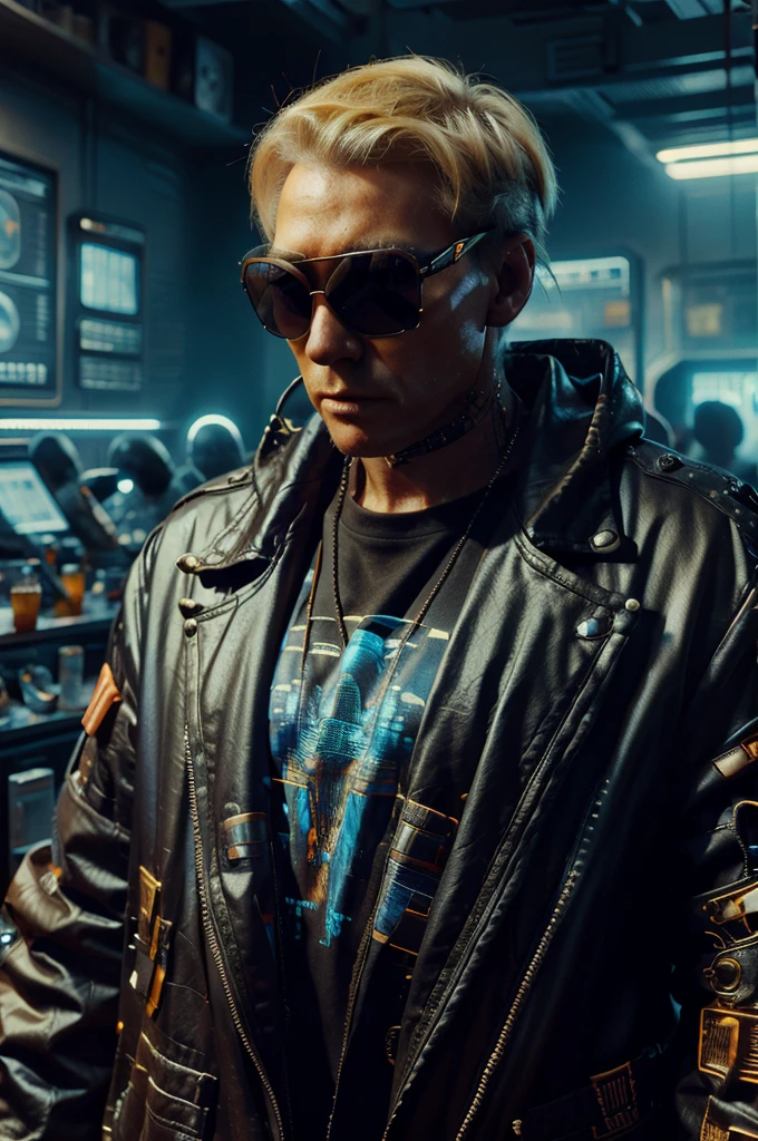 Donald trump wearing ,wearing futuristic sunglasses, science fiction style, A highly detailed, wearing African clothes , high-tech, cyberpunk,