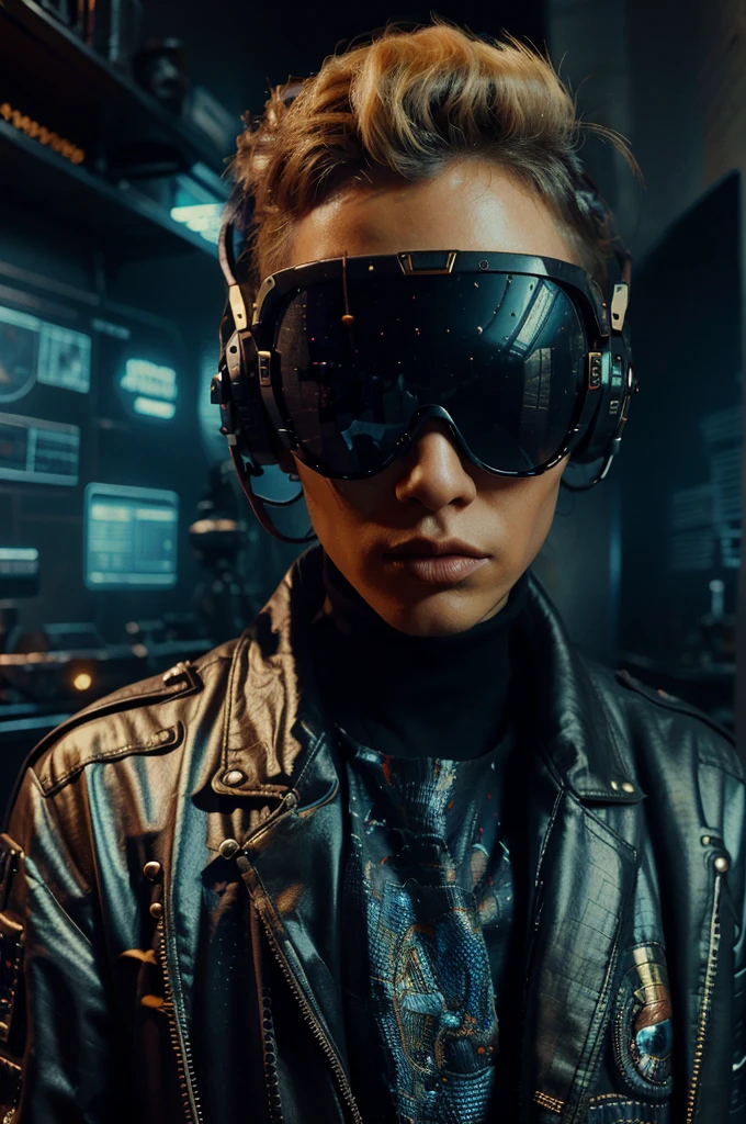Donald trump wearing ,wearing futuristic sunglasses, science fiction style, A highly detailed, wearing African clothes , high-tech, cyberpunk,