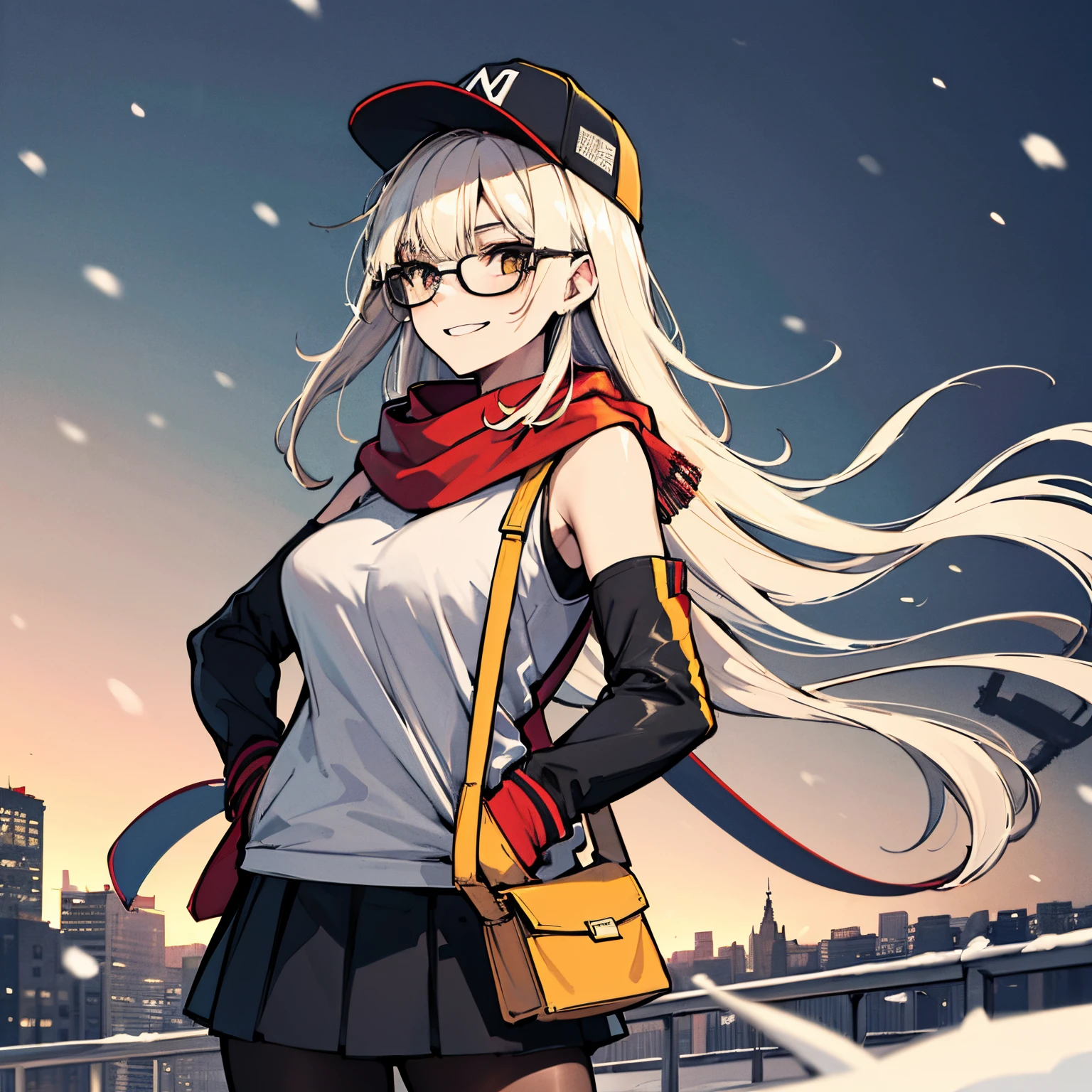 (absurdres, 8k, 4k, masterpiece, hyper extreme detailed:1.2), solo, front view portrait, best quality, portrait, solo, adult, cowboyshot, perfect anatomy, 1girl, perfect face, expressive eyes, perfect eyes, half body, platinum blonde hair, swept bangs, glasses, cool, confident, friendly, medium bust, toned, cool, suve, protagonist, unchanging, worry free, adventurous, long hair, snow, snowy city, hands in pockets, graphic t-shirt, black scarf, gold eyes, braided hair, gloves, pantyhose, skirt, eccentric, odd, quirky, unique, carefree, original, purse slung over shoulder, strap between breasts, messy hair, wind, windy, moving hair, moving clothes, tangled hair, dirty, happy, content, casualwear, graphic t-shirt, baseball cap, black sleeve arm warmers, black sleeves, dynamic pose, friendly, slight smirk