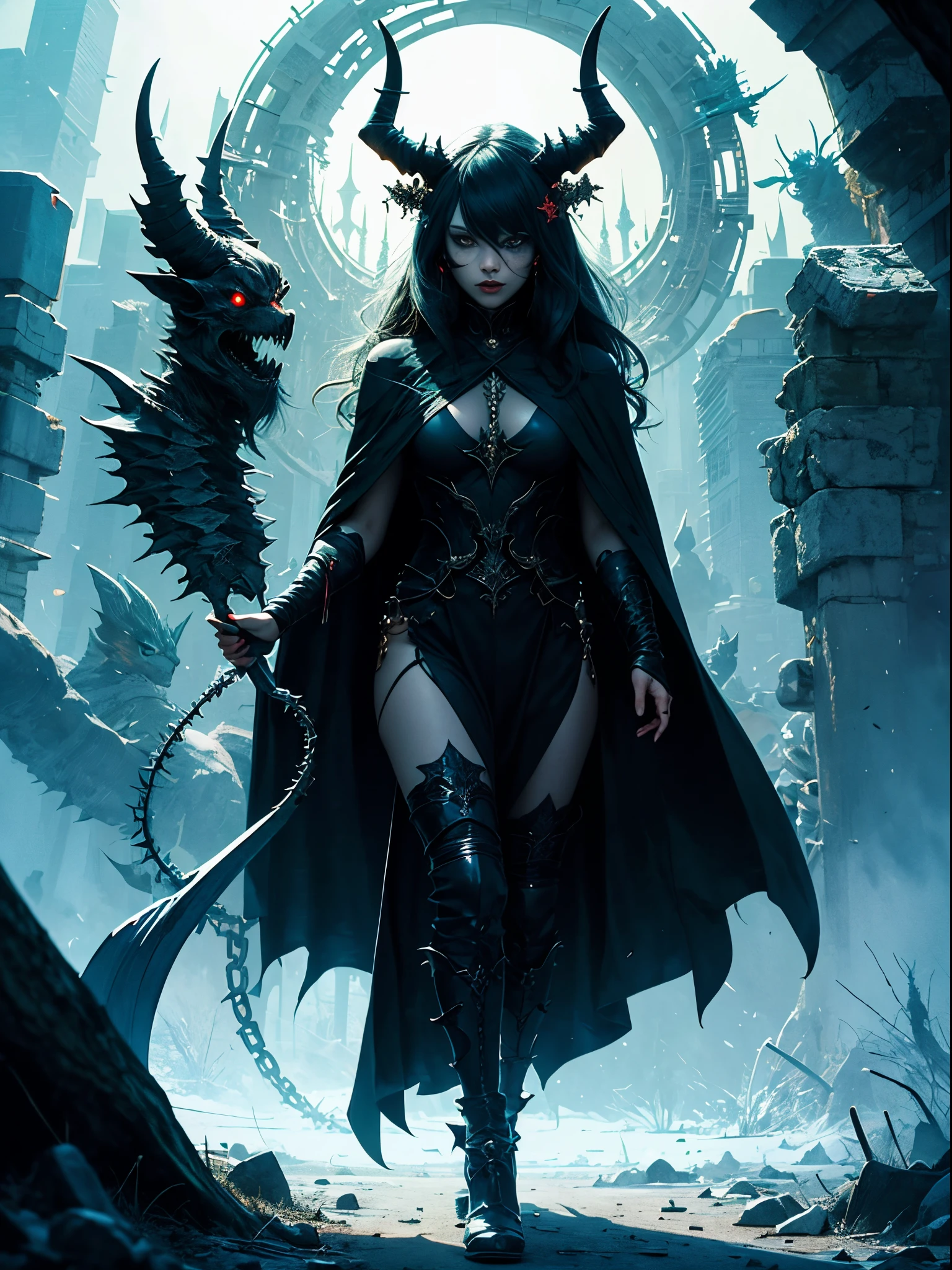 girl demonologist in a black robe, there is a horned demon behind her