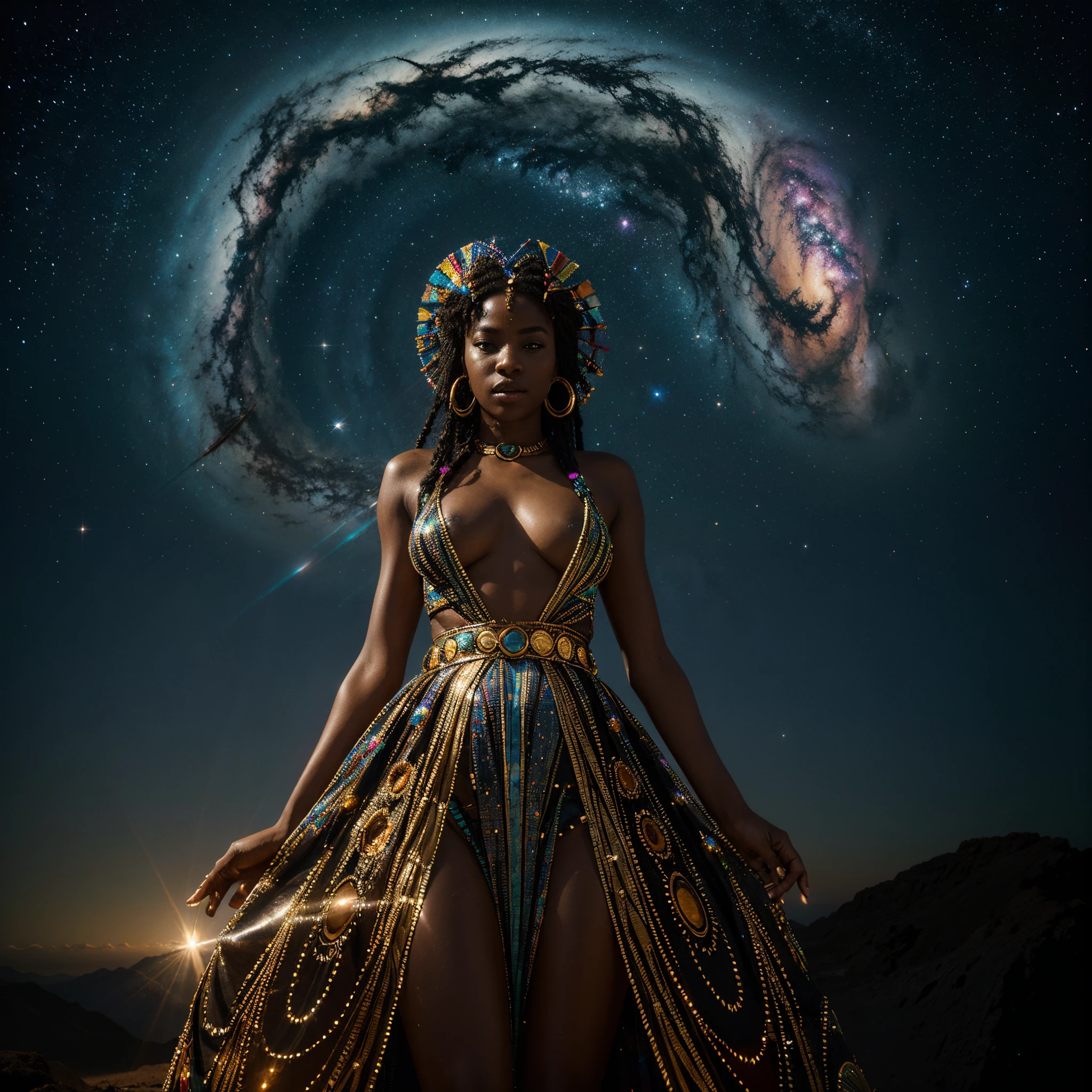 full body angle shot image, In a mesmerizing display of cosmic beauty, a hypnotic holographic African woman dressed in African designed clothes and african designed beads and headdress with vibrant colors, shines with stars and galaxy glowing on her skin, floating above a reflective surface reflecting her image, This high contrast, high key photograph captures the surreal beauty of the celestial phenomenon as it casts a spellbinding radiance. The image, with its impeccable clarity and impeccable detailing, immerses viewers in the otherworldly spectacle, evoking a sense of awe and wonder.
