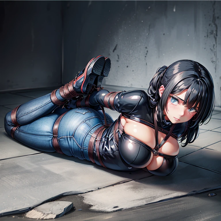 Meisterwerk, best quality, hyperralistisches 8K, Ultra-detailliert,Beautiful girl, Girl Tied Up, schwarzer Pullover, Blaue Jeans, big juicy butt, lots of rope, Girl blushes and feels ashamed, Arms tied behind the back, Girl is laying on her belly, girl laying on floor Ballknebel, Blick in die Kamera, Blick auf den Betrachter, Girl overwhelmed, girl completely immobilized