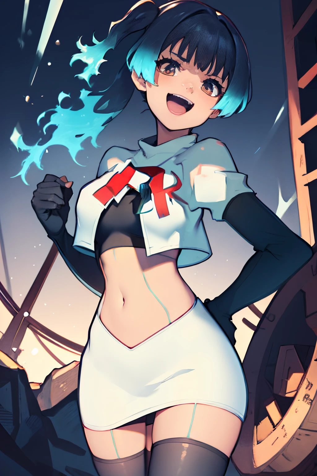 face of sena \(xenoblade\), 1girl,team rocket,team rocket uniform, red letter R, white skirt,white crop top,black thigh-highs,black elbow gloves,evil laugh ,