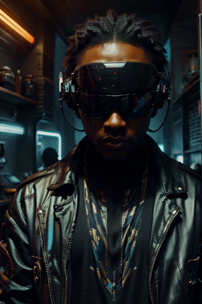 Black Donald trump wearing ,wearing futuristic  sunglasses, science fiction style, A highly detailed,  wearing African clothes ,  high-tech, cyberpunk,