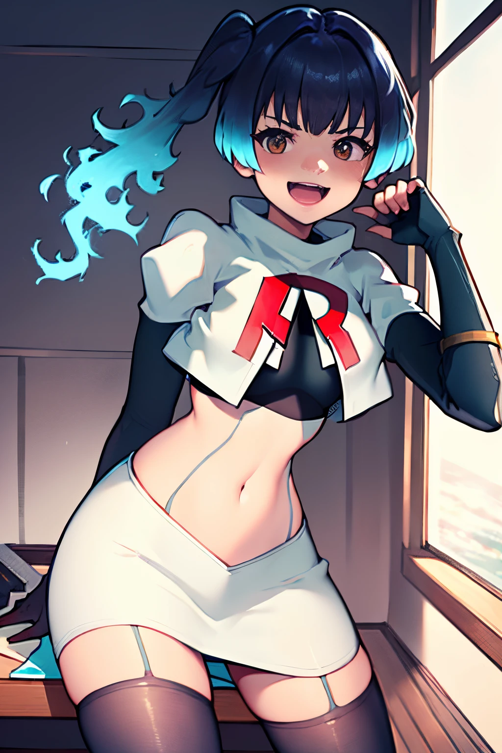 face of sena \(xenoblade\), 1girl,team rocket,team rocket uniform, red letter R, white skirt,white crop top,black thigh-highs,black elbow gloves,evil laugh ,