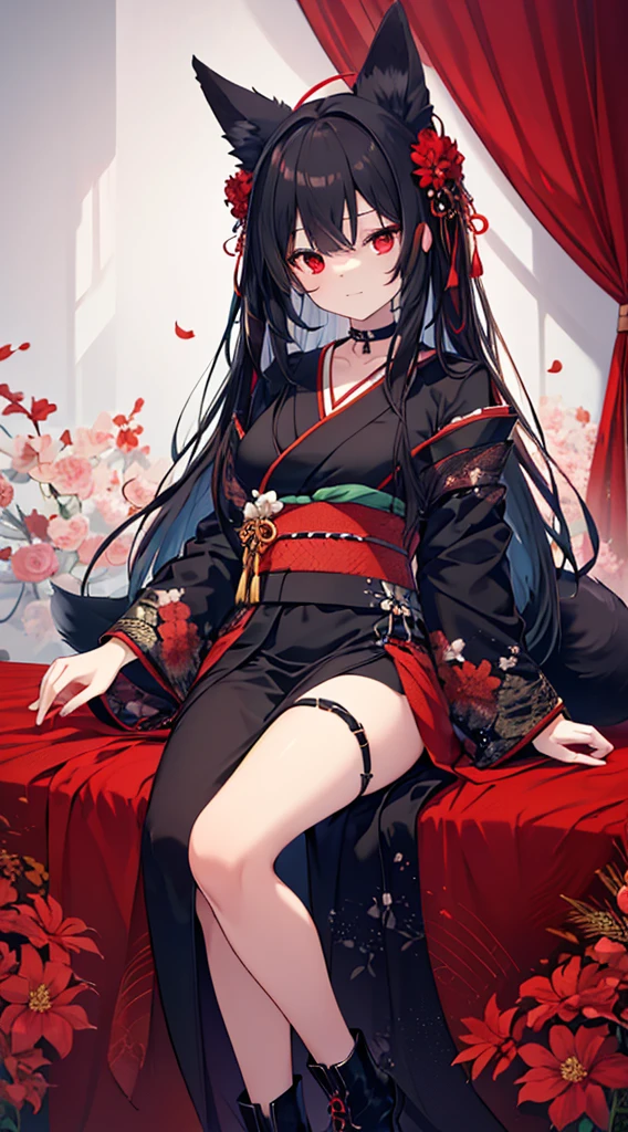 (extremely detailed CG unity 8k wallpaper), (((ultra-detailed))), ((extremely detailed)), (((intricate details))), (((best illustration))), best illumination, ((extremely delicate and beautiful)), ((an extremely delicate and beautiful girl)), colorful, manjusaka, red flower field, (((colorful flowers))), ((solo:1.9)), ((fox girl)), (Black and red Kitsune with long black hair with fox ears and fox tail), (black fox ears:1.4), (red fox ears:1.6), (black single fox tail:1.7) (red fox tip tail:1.3), ((finely detailed beautiful eyes and detailed face)), sad expression, melancholic smile, long hair, (((black hair))), (red eyes:1.9), beautiful detailed eyes, mature female, gentle, slender, medium breast, (Black and red sexy elegant kimono dress:1.3), (medium height black boots:1), ((black choker with red pendent:1)), manjusaka birthmark on neck, sitting, bishoujo, 19 years old,