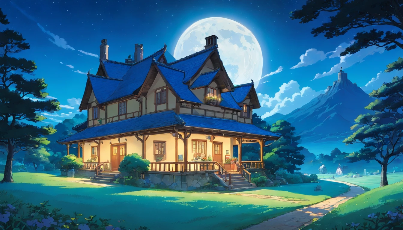 no people, country house view, night scene, with clear sky, shining moon, with blue coloring, high resolution