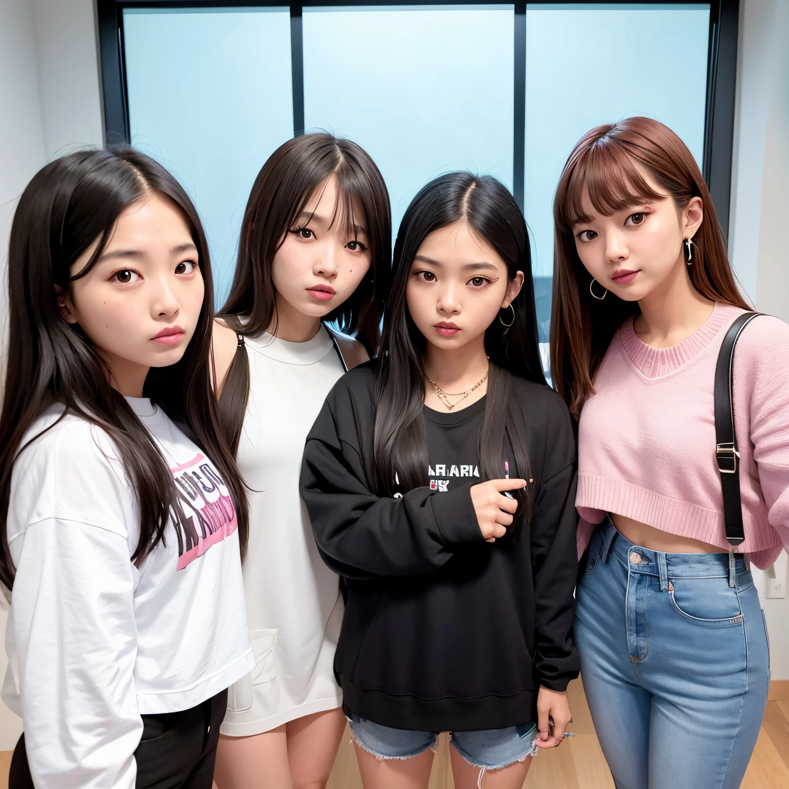 group consists of five women.... music style is pop 、they seem like , hip-hop and mix ... very cheerful 、 so beautiful、 girls all have long hair ... I live in a dance studio....group&#39; name is blue pink ...K-POPgroupミックス、Form a beautiful formation、There is a halo around it
